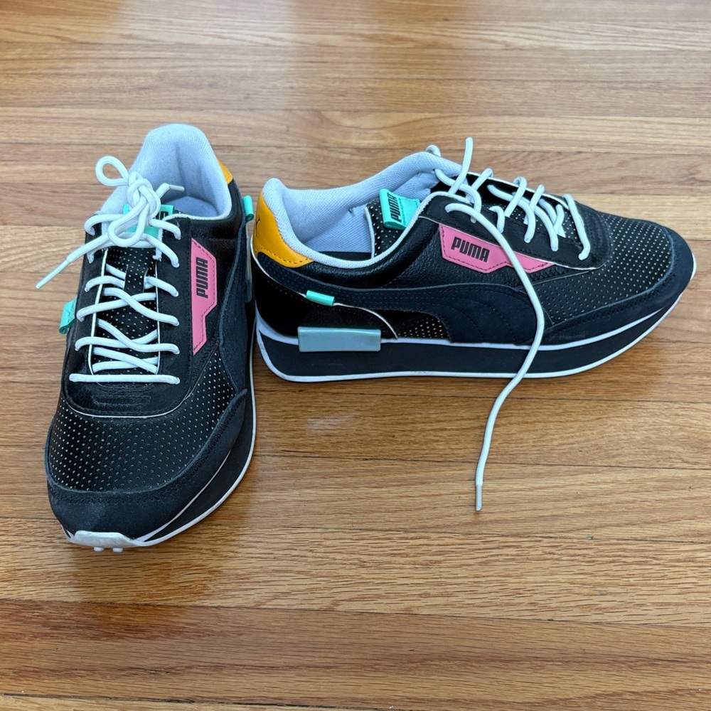 Puma Women's Black Sneakers with Pink and Yellow Highlights